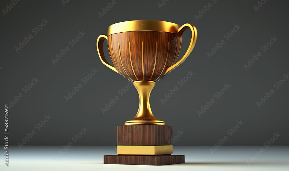  a golden trophy trophy on a wooden pedestal on a gray background with a shadow on the floor in the 