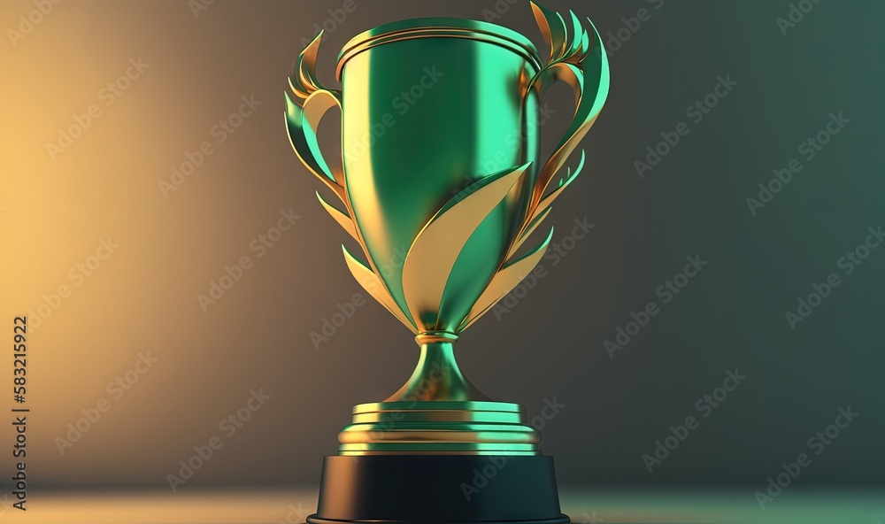  a shiny green trophy with a gold base on a table with a light backgroung behind it and a shadow on 