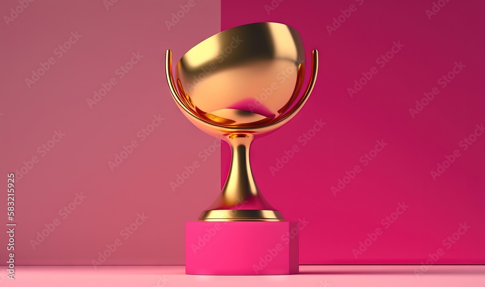  a gold trophy on a pink pedestal against a pink background with a pink backdrop and a pink wall beh