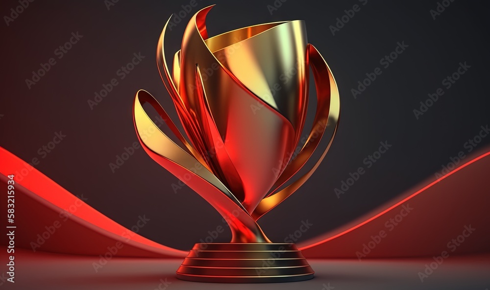  a red and gold trophy with a red ribbon around it on a black background with a red and white stripe