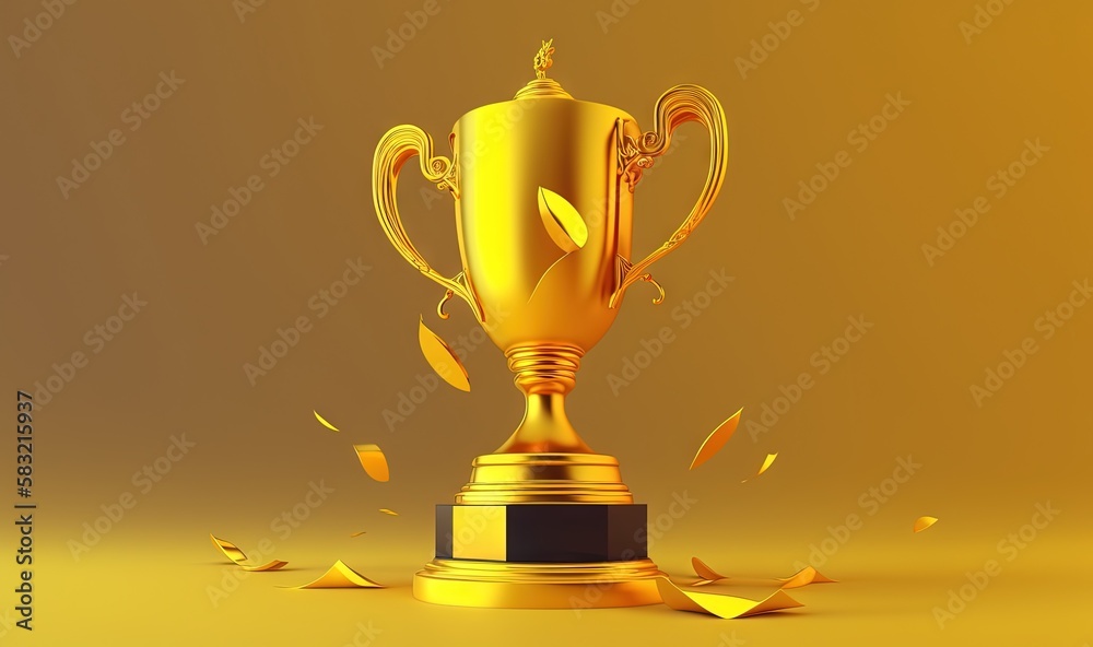  a golden trophy with a black base surrounded by gold confetti and leaves on a yellow background wit