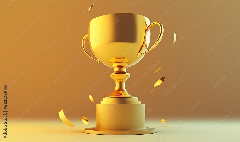  a golden trophy with a golden cup on top and confetti flying around it on a beige background with a