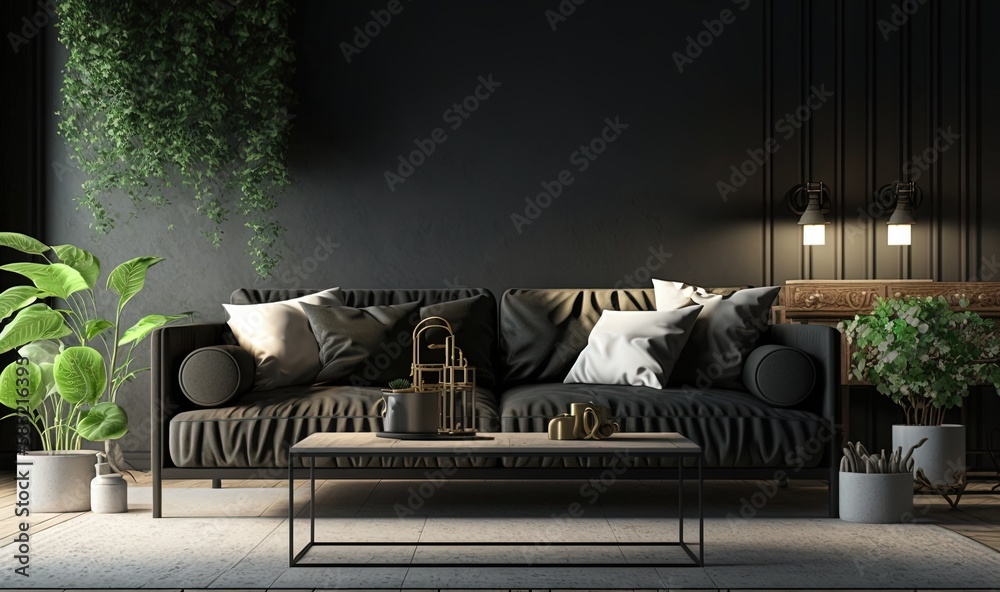  a living room with a couch, table, and potted plants on the side of the room and a lamp on the side