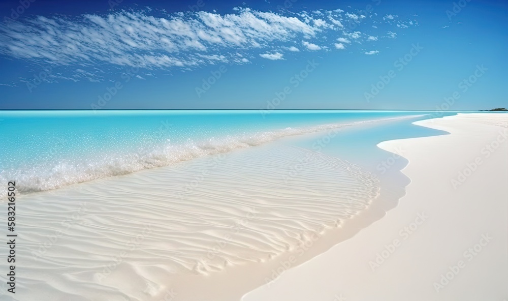  a sandy beach with a clear blue sky and water in the background and white sand on the shore of the 