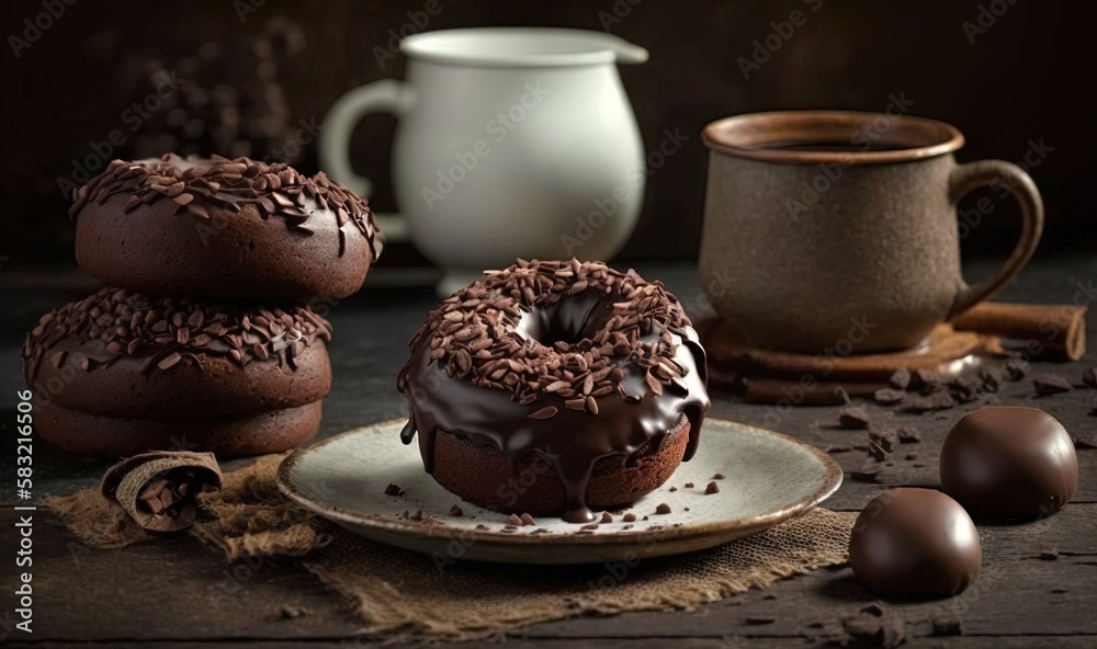  a chocolate donut sitting on a plate next to a cup of coffee and some chocolate candies on a table 