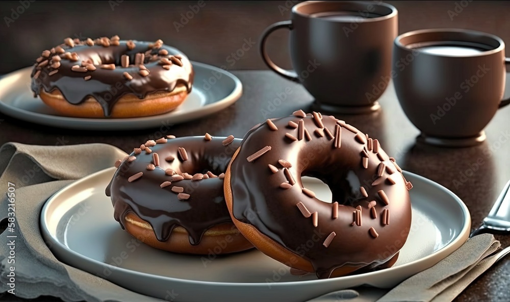  a couple of doughnuts sitting on top of a white plate next to a cup of coffee and a fork and spoon 