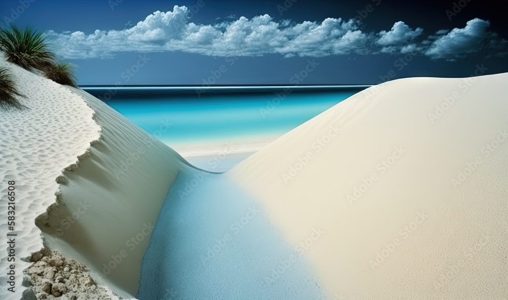  a sandy beach with blue water and clouds in the sky and a palm tree in the foreground with a blue s