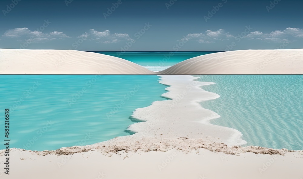  a picture of a beach with a blue ocean and sand dunes in the foreground and a blue sky and clouds i