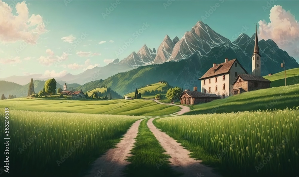  a painting of a country road leading to a house in the mountains with a church in the distance and 