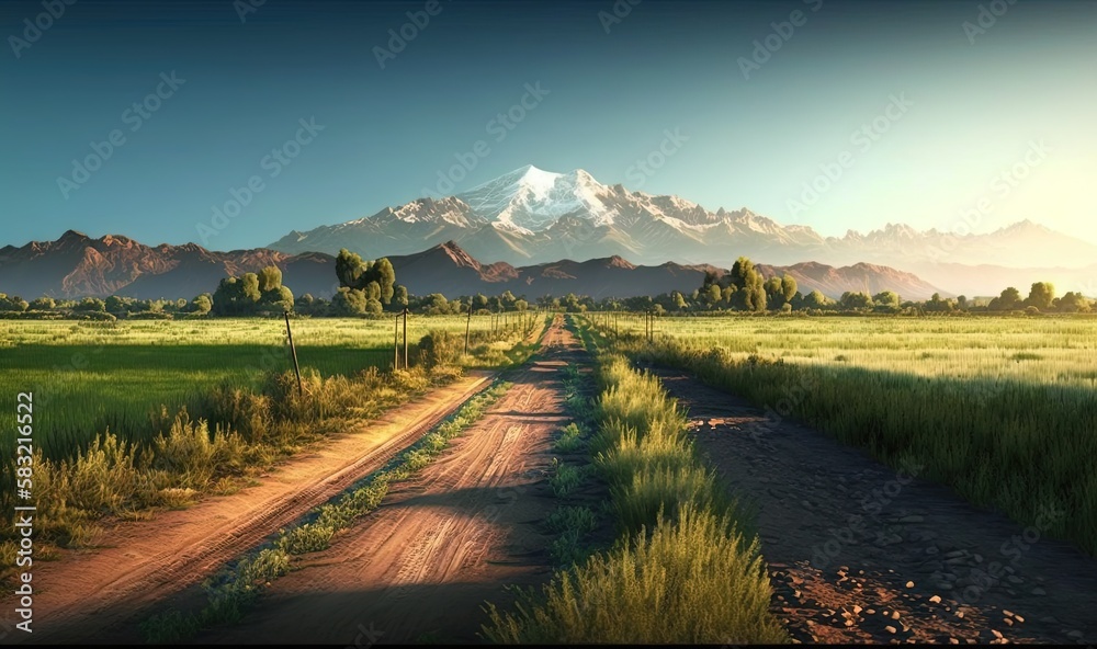  a dirt road with a mountain in the background and grass on the side of the road in the foreground, 