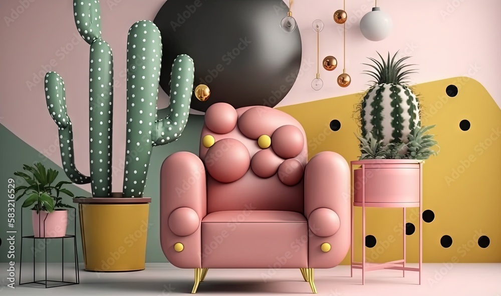  a living room with a pink chair and cactus plants in pots on the floor and a pink wall with a black