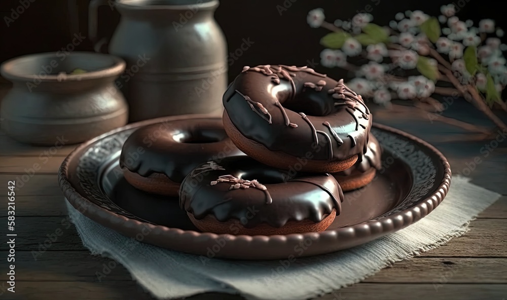  three chocolate donuts on a plate with a vase of flowers in the backgrouf of the picture and a vase