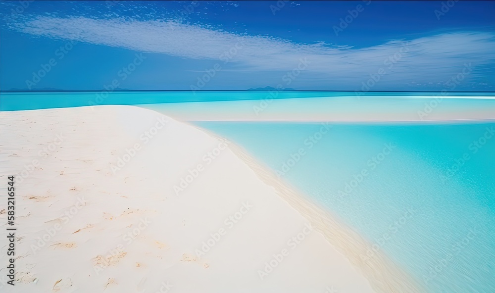  a sandy beach with a blue sky and white sand in the water and a lone boat in the water at the end o