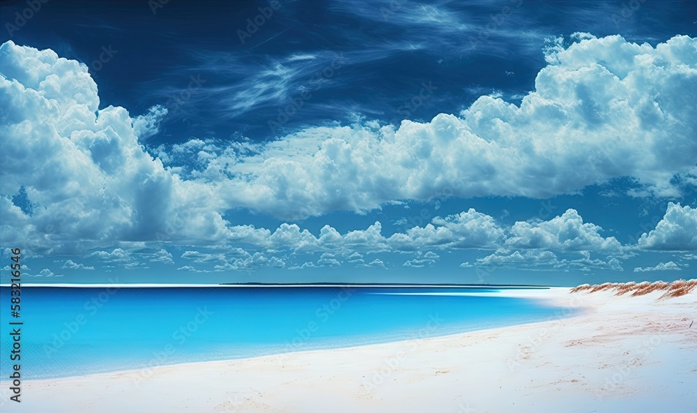  a painting of a beach with blue water and white clouds in the sky and sand on the shore of a beach 