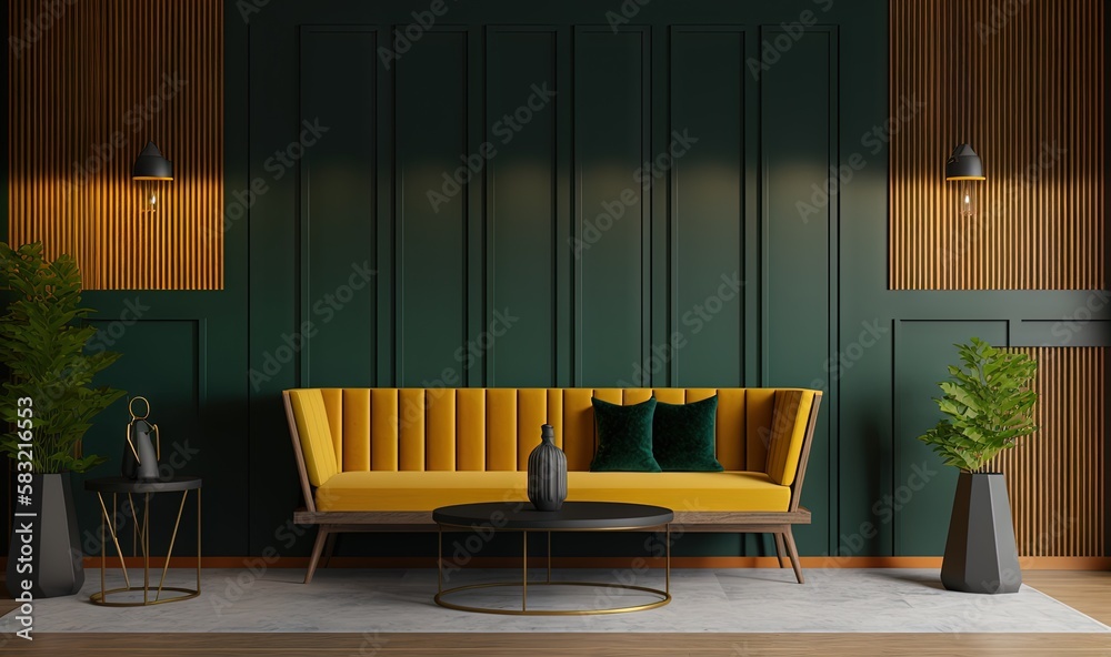  a living room with green walls and a yellow couch and a black table with two vases on it and a plan