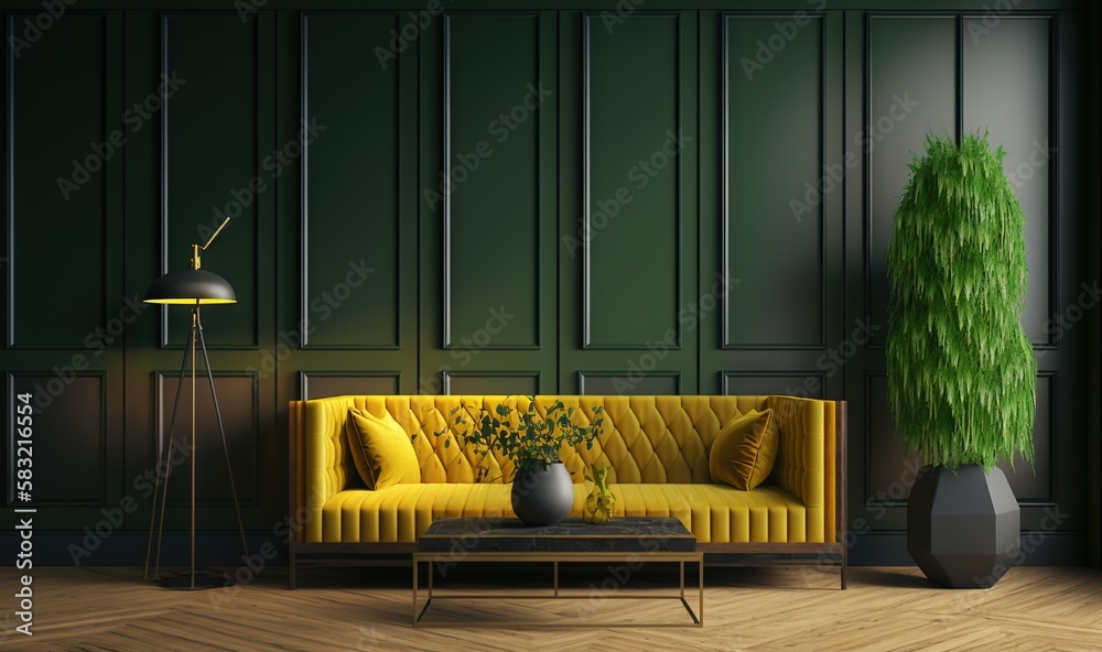  a living room with a yellow couch and a green plant in the corner of the room and a black lamp on t