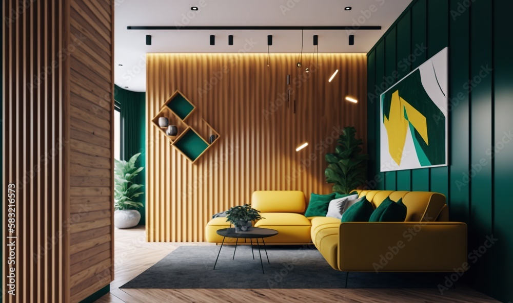  a living room with a yellow couch and a green wall and a potted plant on the side of the wall and a