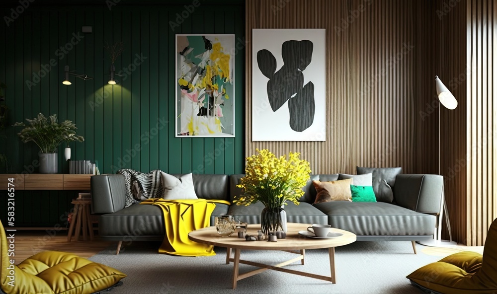  a living room with green walls and a yellow chair and a yellow table with a vase of flowers on it a