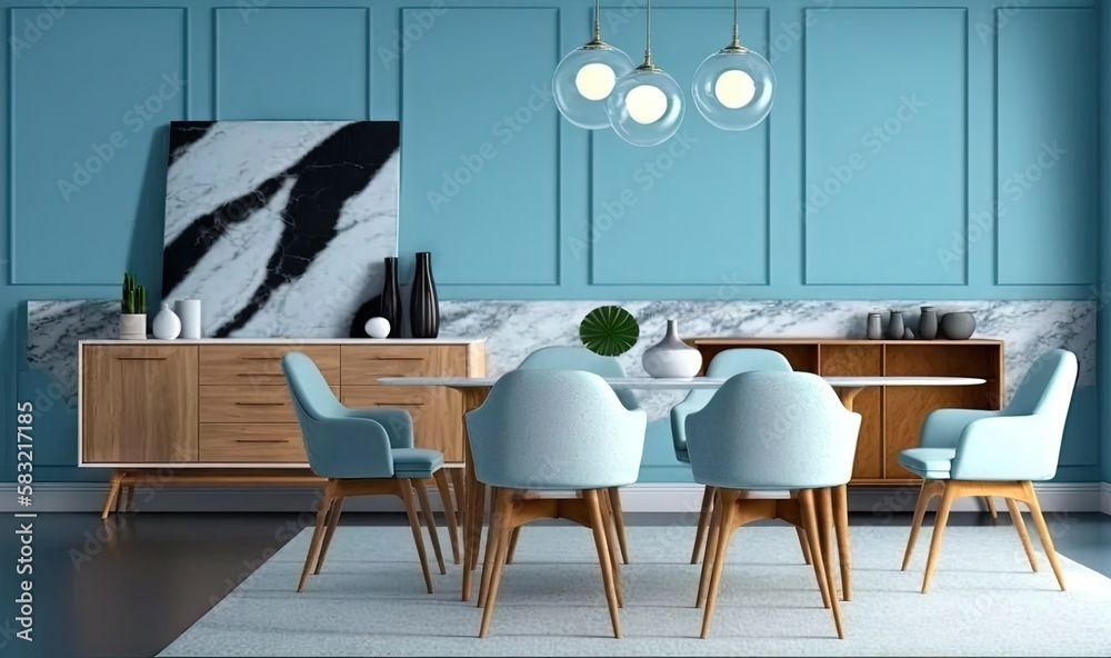  a dining room with blue walls and chairs and a table with a marble top and a large painting on the 