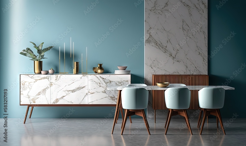  a room with a marble wall and a marble cabinet with four chairs and a vase on top of the cabinet an