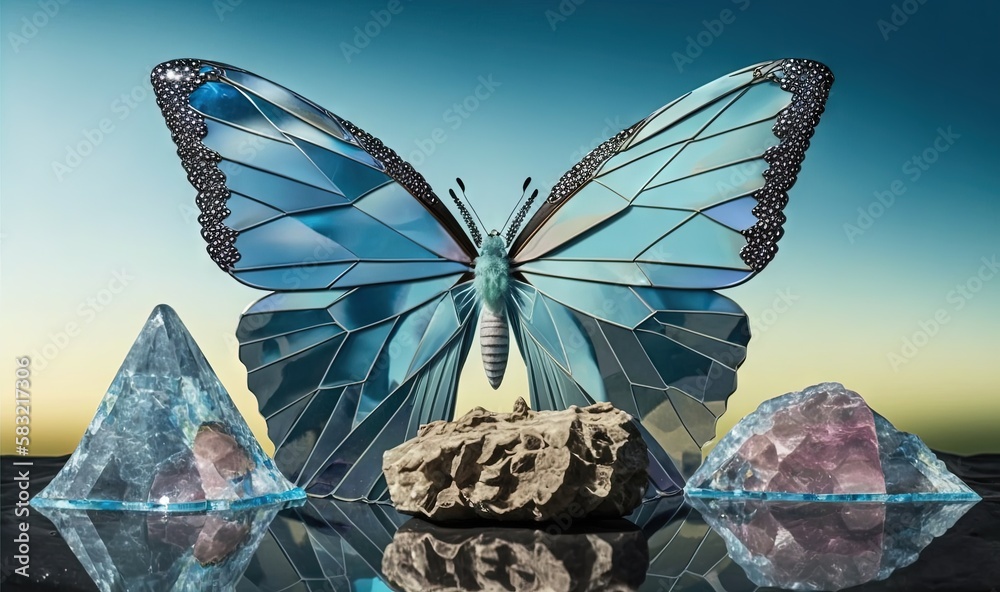  a blue butterfly sitting on top of a rock next to some crystal rocks and a rock in the middle of a 