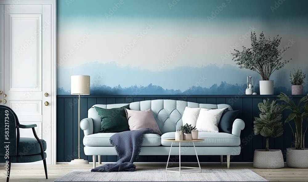  a living room with a couch, chair, table and potted plants on the floor and a wall painted with blu