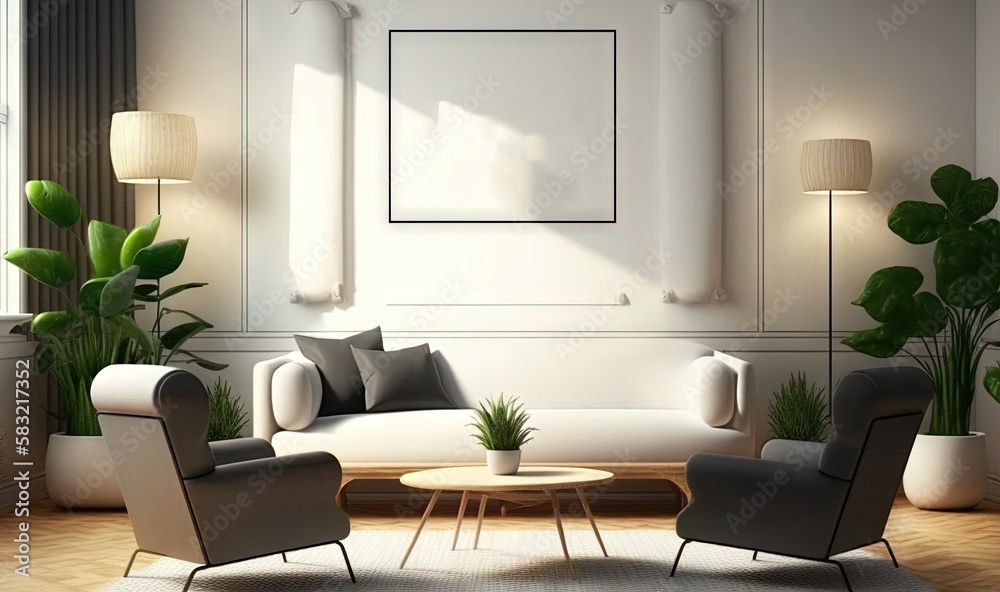  a living room with a couch, chairs, and a coffee table with a plant in it and a poster on the wall 