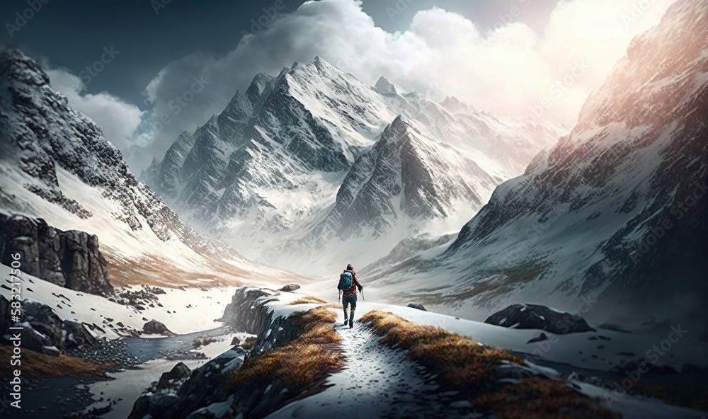  a man walking up a snow covered mountain trail towards a mountain range with a dark sky and clouds 