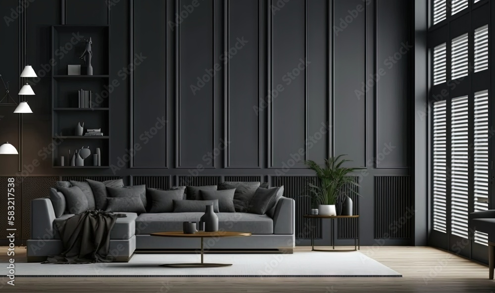  a living room with a gray couch and a white rug on the floor and a black wall behind the couch is a