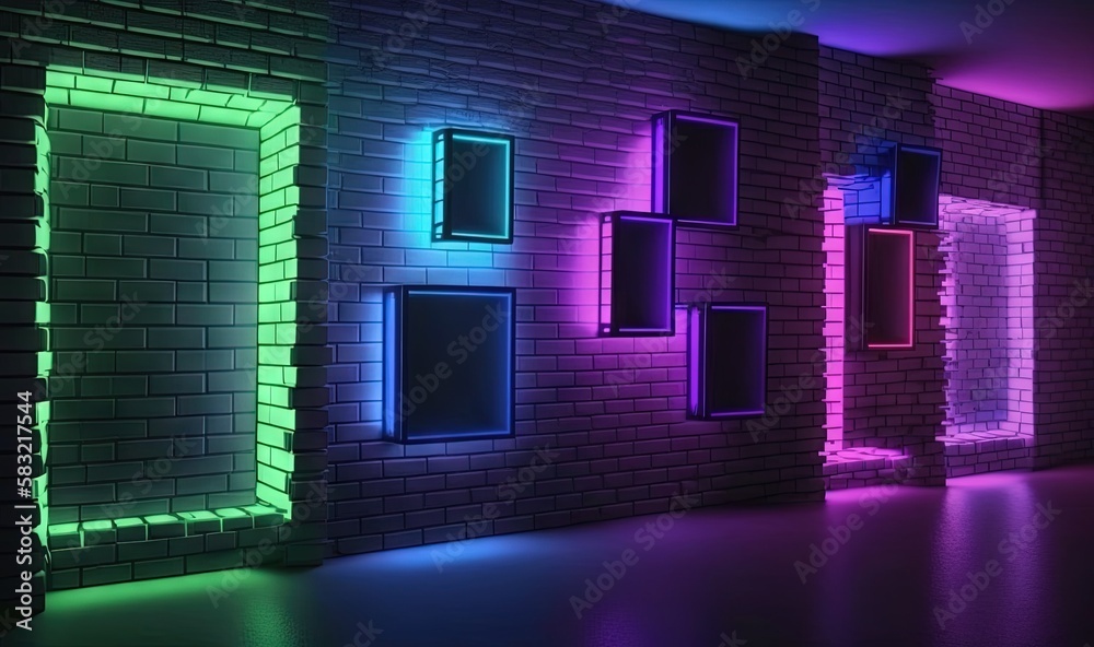  a room with a brick wall and neon lights on the wall and a brick wall with a neon light on the wall