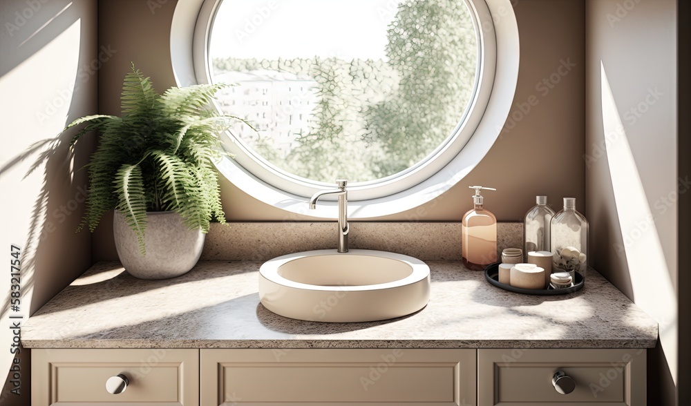  a round window in a bathroom with a sink and a potted plant in front of it on a countertop next to 