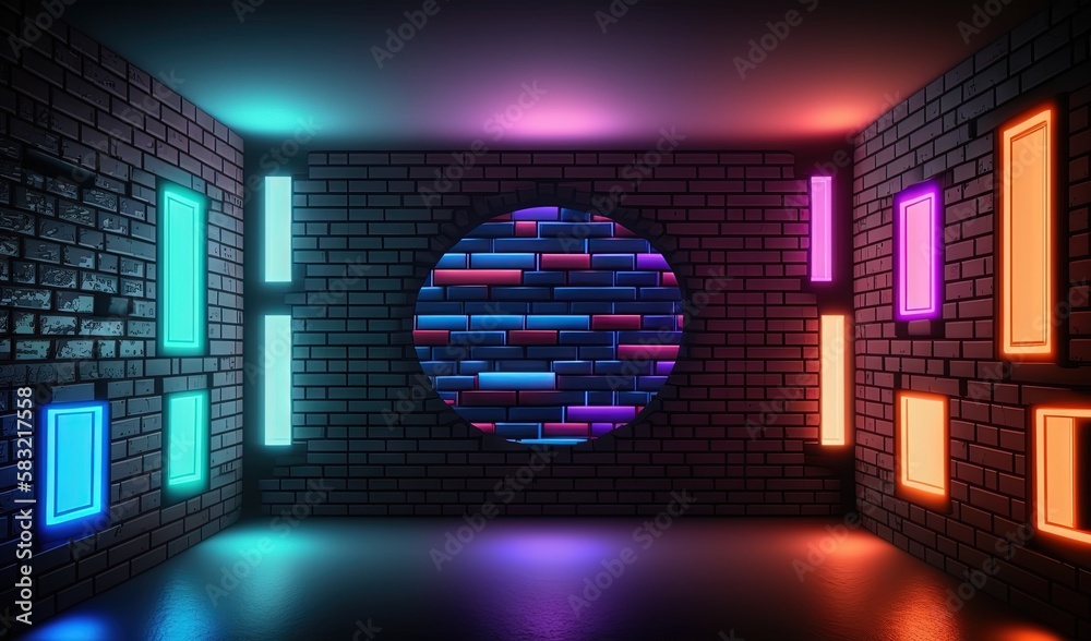  a room with a brick wall and a round window with neon lights on it and a brick wall with a round wi