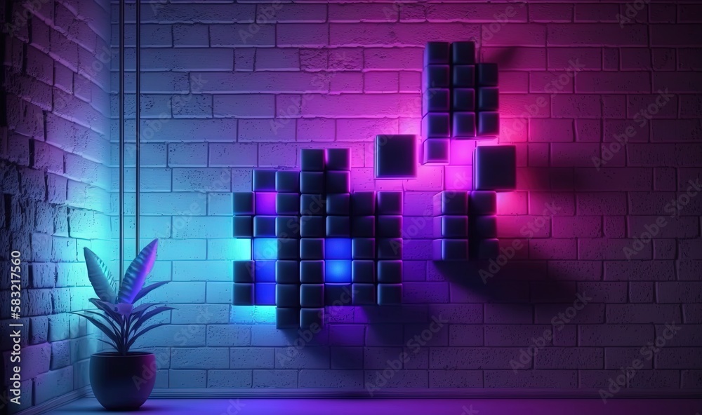  a room with a brick wall and a potted plant on the side of the wall and a neon colored light coming