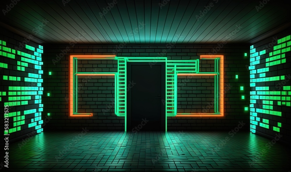  a dark room with neon lights and a door to a room with a brick wall and a door that has a neon ligh