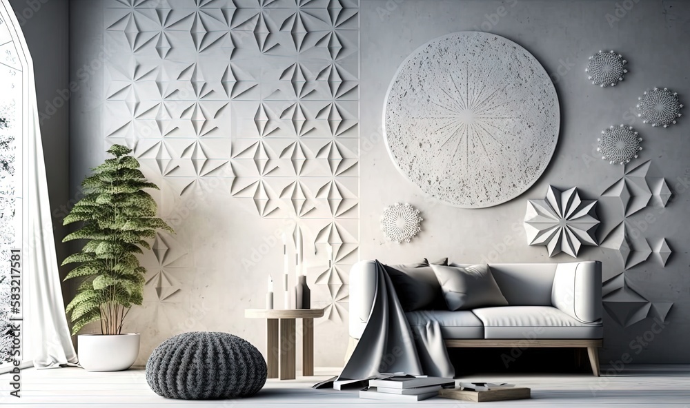  a living room with a couch, table and a plant on the wall next to a large circular wall decoration 