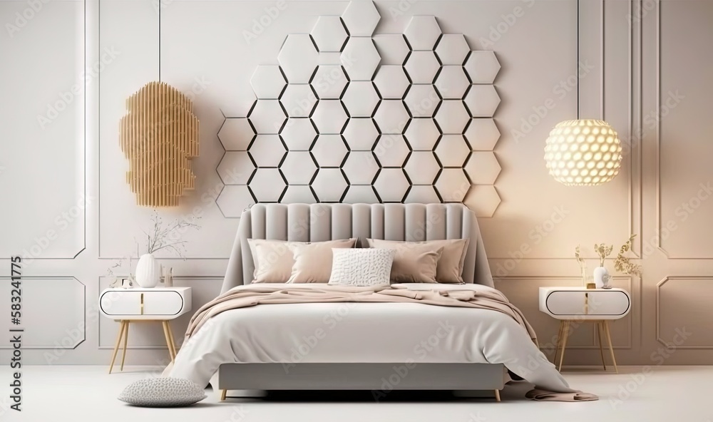  a bedroom with a bed, nightstands, and a mirror on the wall above the bed is a white bed with a bei