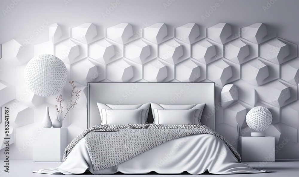  a bedroom with a bed, vases, and a wall of hexagonal shapes on the wall behind it, and a vase with 