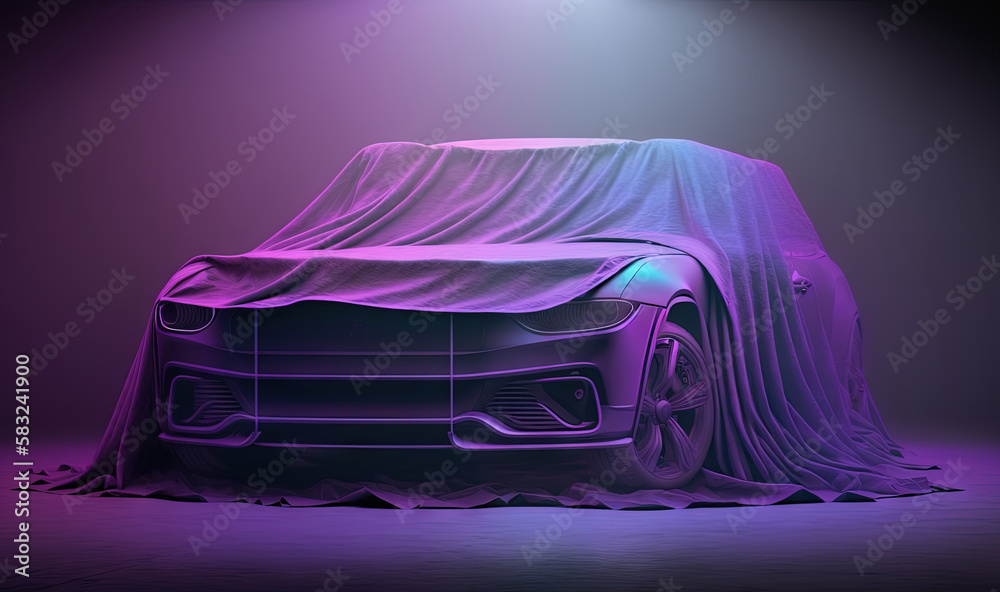  a car covered in a sheet in a dark room with a light shining on the top of the car and the hood cov