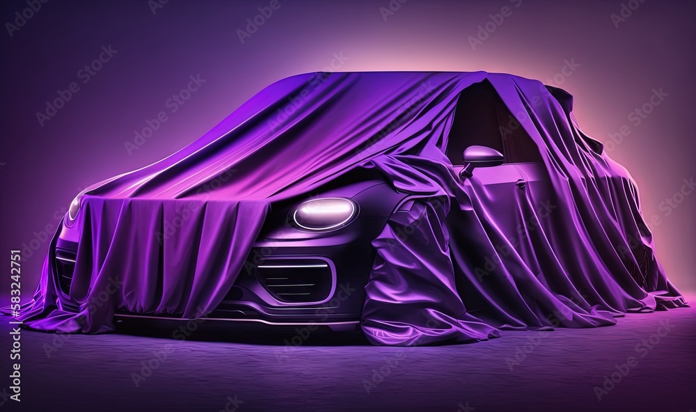  a car covered in a purple cloth in a dark room with a purple light coming from the top of the car a