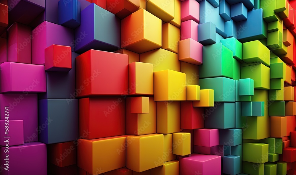  a multicolored wall of cubes with a rainbow color scheme on the side of the wall and a red one on t