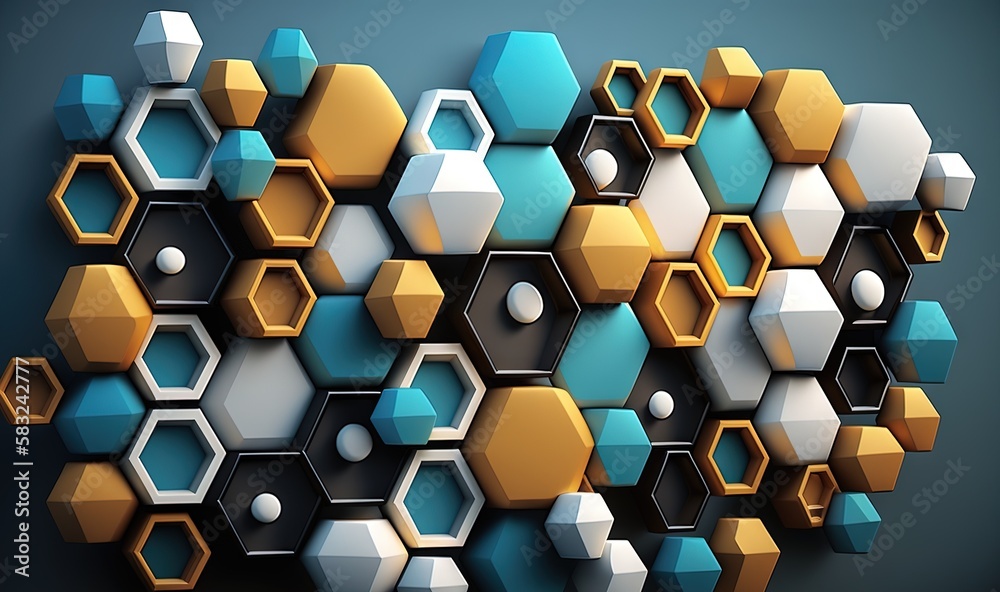  a bunch of hexagons are stacked together on a blue background with a black background and a white o