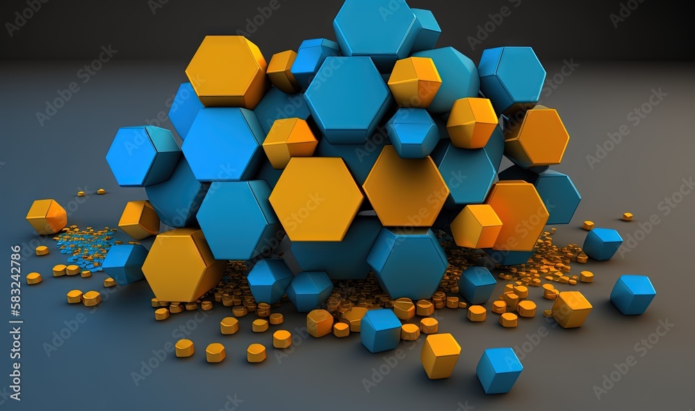  a pile of blue and yellow cubes sitting on top of a table next to a pile of gold nuggets on the flo