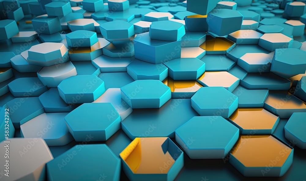  a bunch of blue and yellow hexagons are arranged in a pattern on a blue surface with a yellow cente