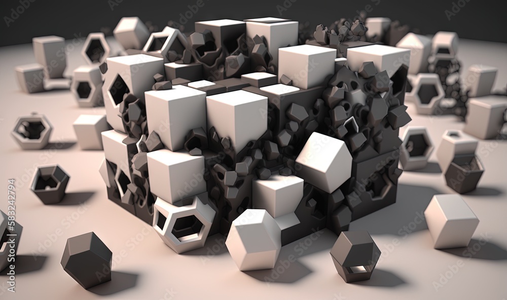  a bunch of white and black cubes on a white surface with a black background and a black and white o