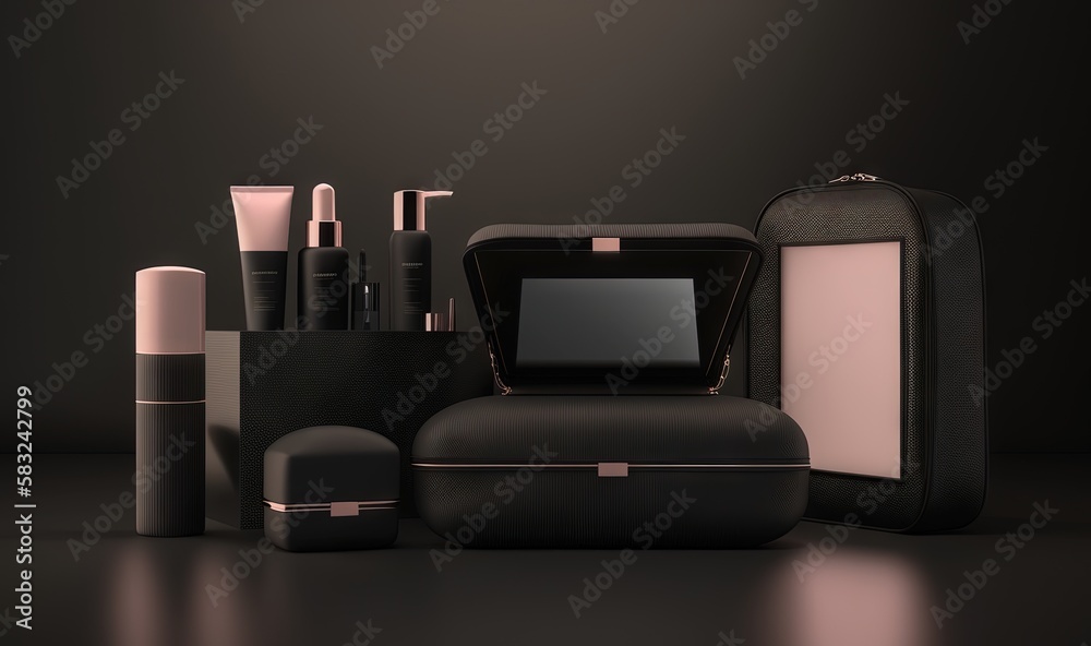  an assortment of cosmetics and makeup products on a black surface with a black background and a pin