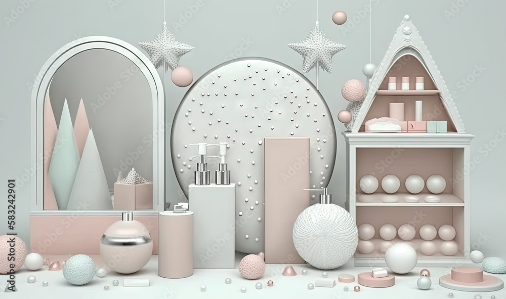  a bathroom scene with a lot of items on the counter and a mirror on the wall and a star decoration 