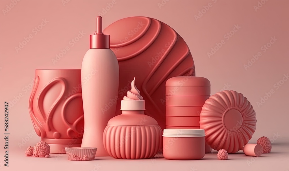  a collection of pink vases and bottles on a pink background with a pink background and a pink backg