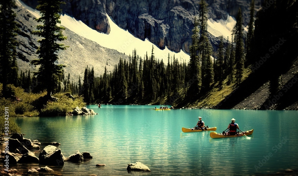  two people in canoes on a lake surrounded by trees and mountains with snow on the mountains in the 