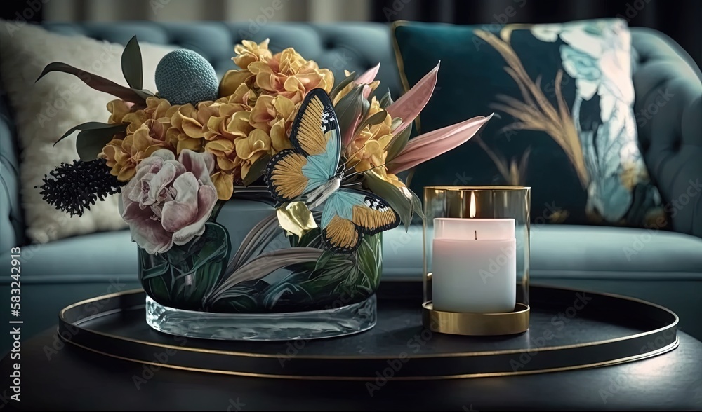  a table with a candle and a vase with flowers on it and a blue couch in the background with pillows