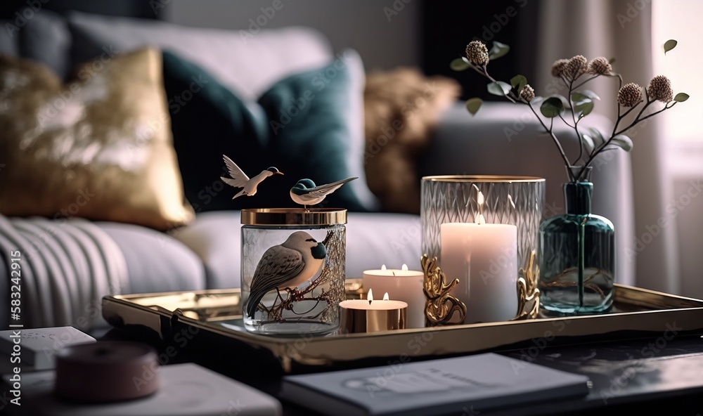  a tray with candles, flowers, and a bird on it on a table in front of a couch with a couch in the b